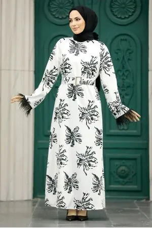  Desenli Beyaz Tesettür Elbise 77301B - 1