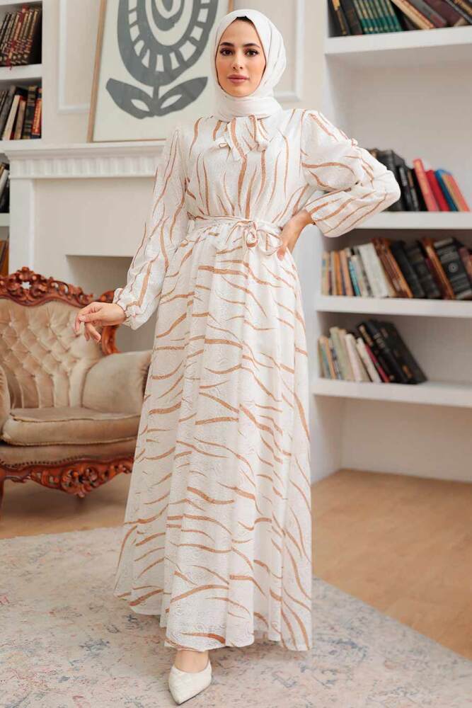 Neva Style - Desenli Bisküvi Tesettür Elbise 12302BS - NEVA STYLE