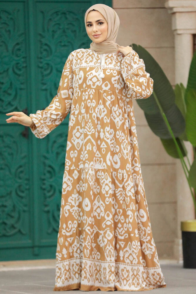 Neva Style - Desenli Bisküvi Tesettür Elbise 50006BS - 2