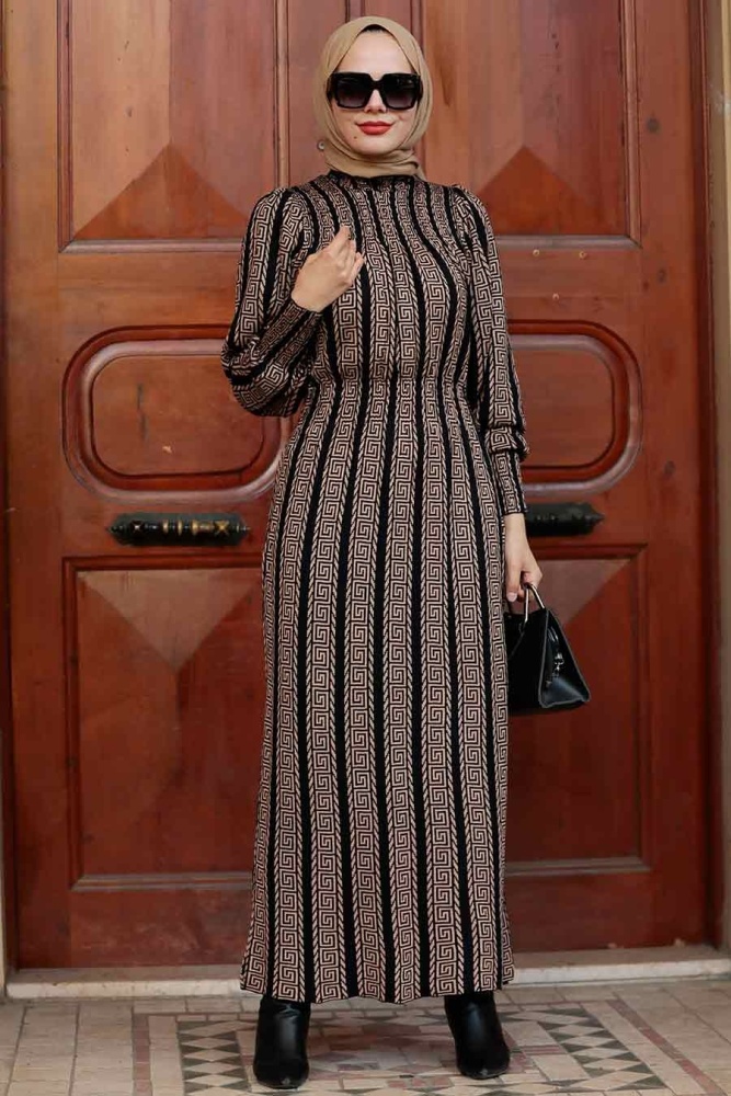 Neva Style - Desenli Bisküvi Tesettür Triko Elbise 52310BS - 1