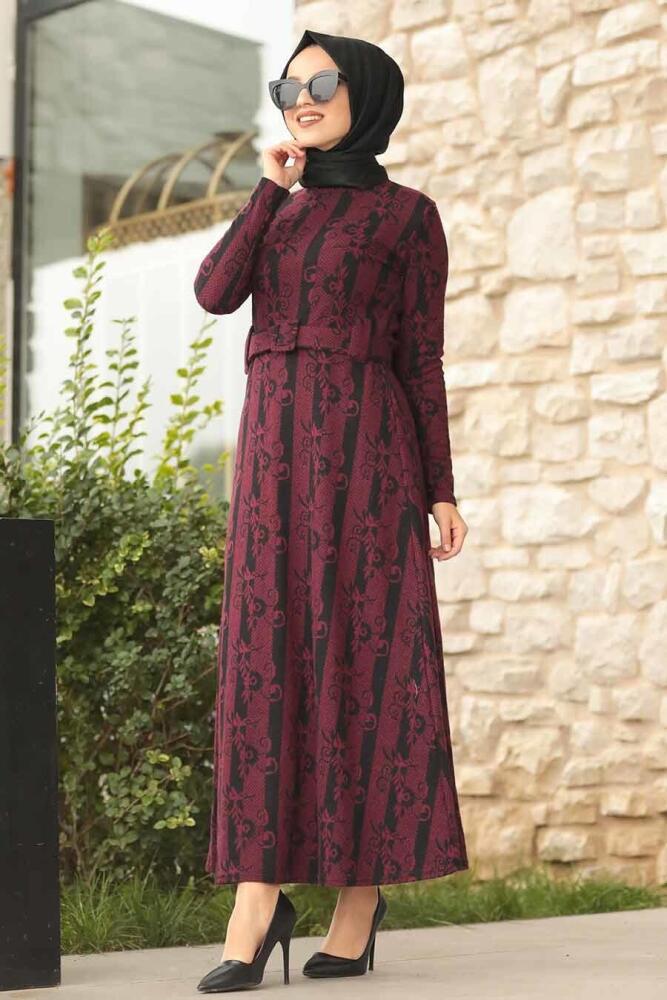 Neva Style - Desenli Bordo Tesettür Elbise 1172BR - 1