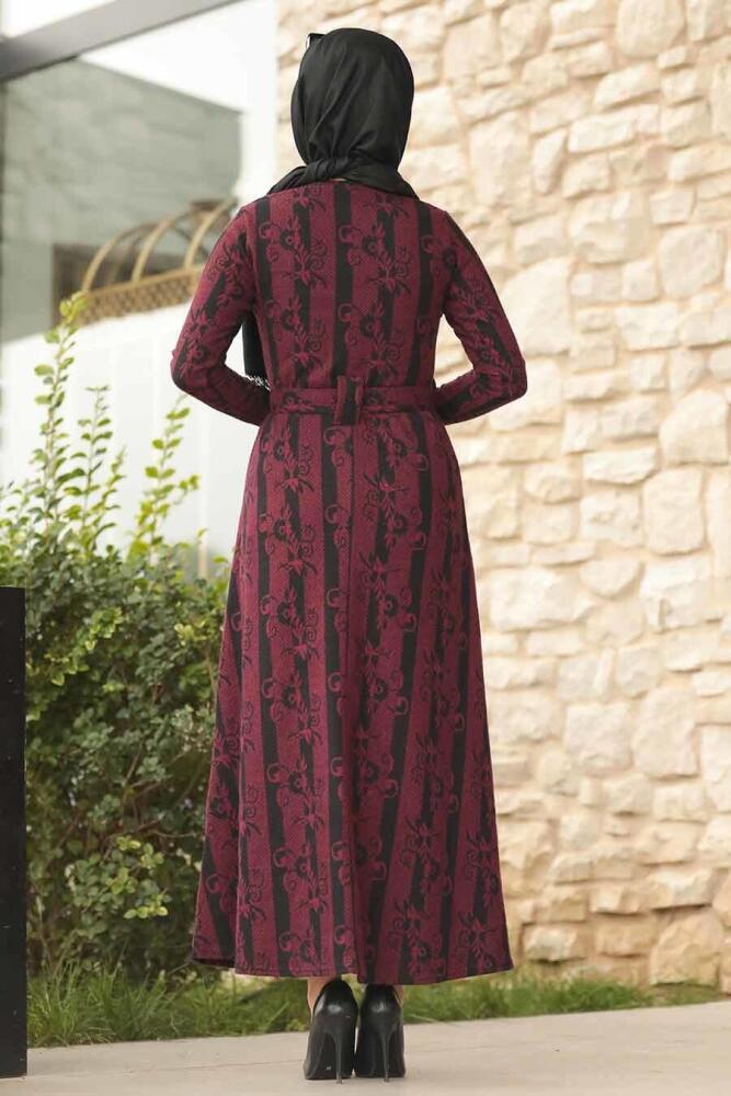 Neva Style - Desenli Bordo Tesettür Elbise 1172BR - 2