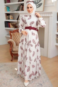 Neva Style - Desenli Bordo Tesettür Elbise 1228BR - Thumbnail