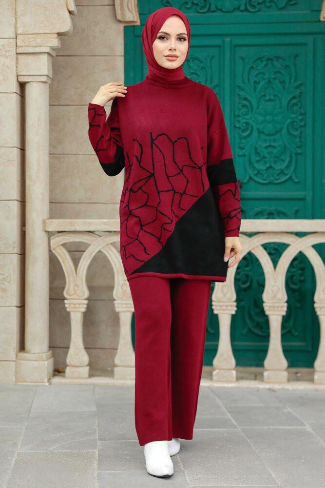 Neva Style - Desenli Bordo Tesettür Triko İkili Takım 6397BR - 2