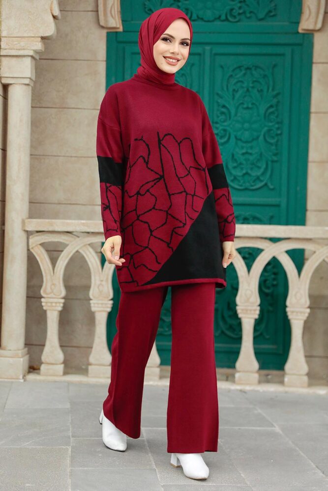 Neva Style - Desenli Bordo Tesettür Triko İkili Takım 6397BR - 1