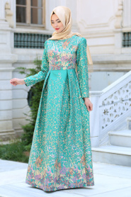 Neva Style - Desenli Çağla Yeşili Tesettür Abiye Elbise 2360CY - Thumbnail