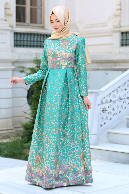 Neva Style - Desenli Çağla Yeşili Tesettür Abiye Elbise 2360CY