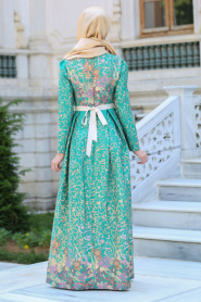 Neva Style - Desenli Çağla Yeşili Tesettür Abiye Elbise 2360CY - Thumbnail