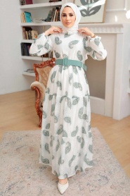 Neva Style - Desenli Çağla Yeşili Tesettür Elbise 1228CY - Thumbnail