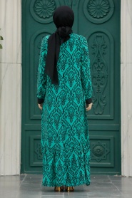 Neva Style - Desenli Çağla Yeşili Tesettür Elbise 2297CY - Thumbnail