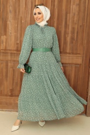 Neva Style - Desenli Çağla Yeşili Tesettür Elbise 2298CY - Thumbnail