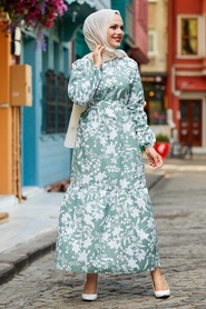 Neva Style - Desenli Çağla Yeşili Tesettür Elbise 25964CY - Thumbnail