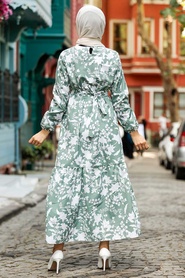 Neva Style - Desenli Çağla Yeşili Tesettür Elbise 25964CY - Thumbnail