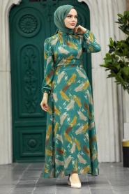 Neva Style - Desenli Çağla Yeşili Tesettür Elbise 27930CY - Thumbnail