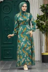 Neva Style - Desenli Çağla Yeşili Tesettür Elbise 27930CY - Thumbnail