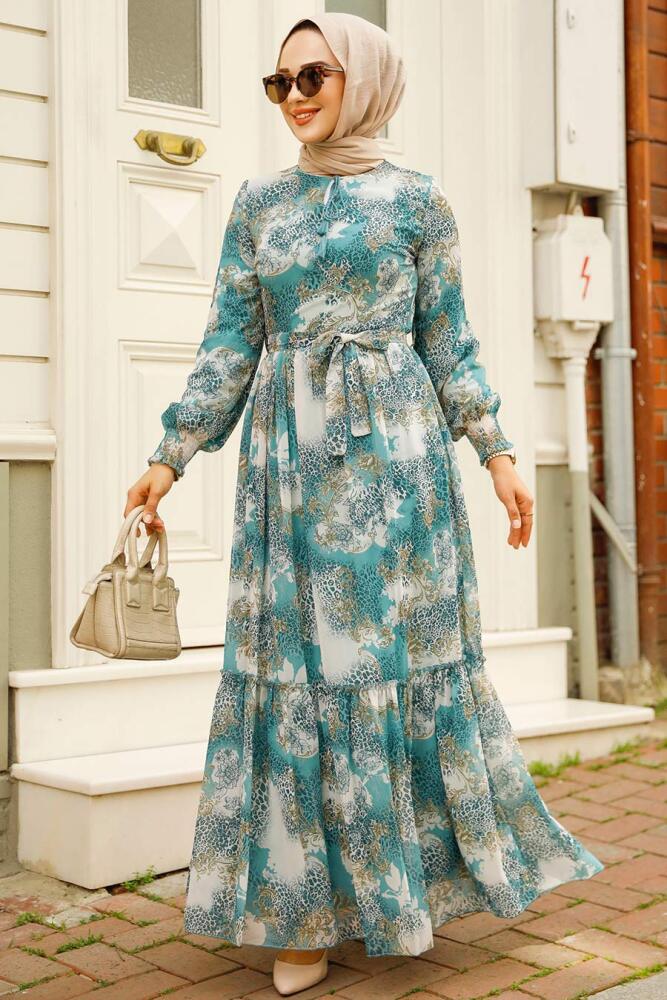 Neva Style - Desenli Çağla Yeşili Tesettür Elbise 33560CY - 2