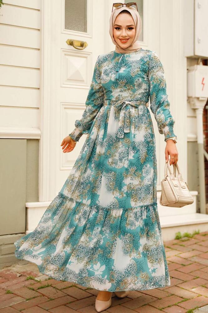 Neva Style - Desenli Çağla Yeşili Tesettür Elbise 33560CY - 1