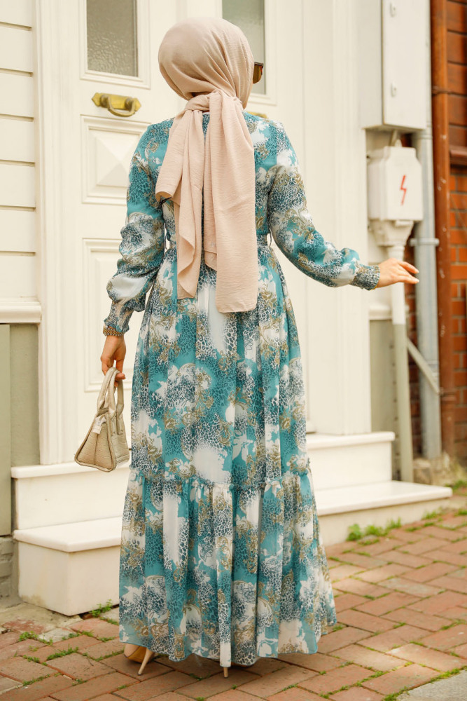 Neva Style - Desenli Çağla Yeşili Tesettür Elbise 33560CY - 3