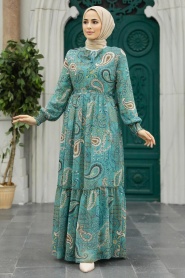 Neva Style - Desenli Çağla Yeşili Tesettür Elbise 33561CY - Thumbnail