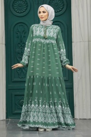 Neva Style - Desenli Çağla Yeşili Tesettür Elbise 50096CY - Thumbnail