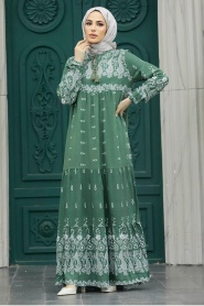 Neva Style - Desenli Çağla Yeşili Tesettür Elbise 50096CY - Thumbnail
