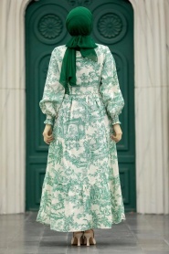 Neva Style - Desenli Çağla Yeşili Tesettür Elbise 5888CY - Thumbnail