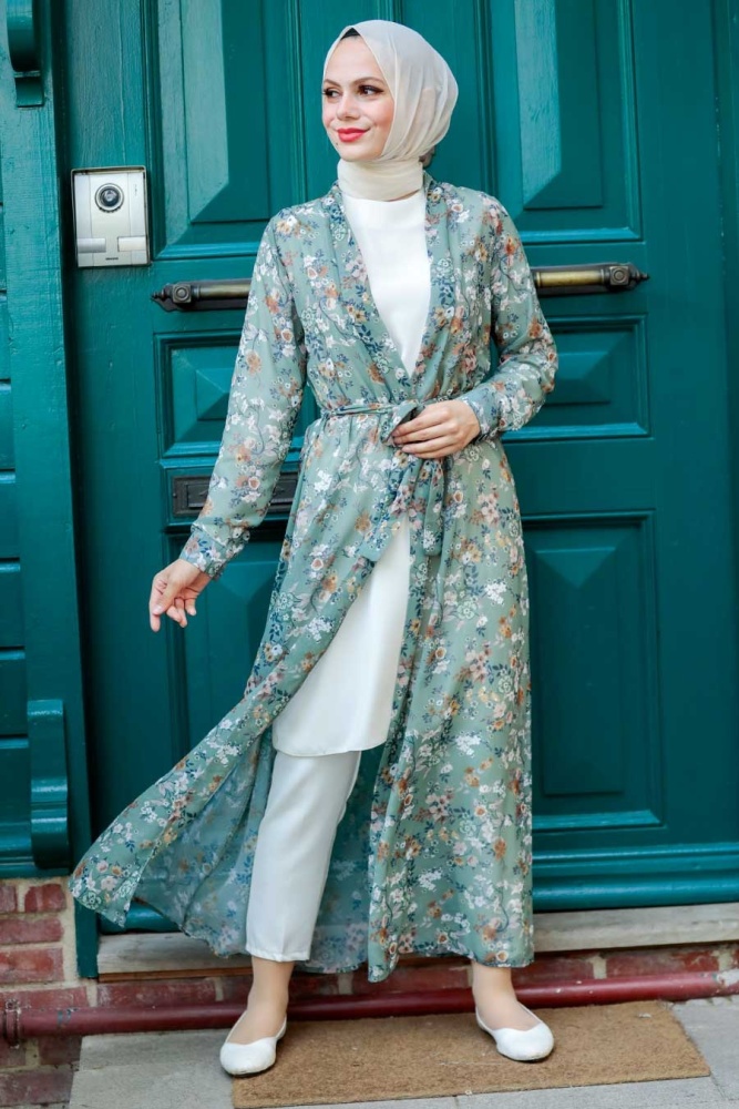 Neva Style - Desenli Çağla Yeşili Tesettür Kimono 5651CY - 1