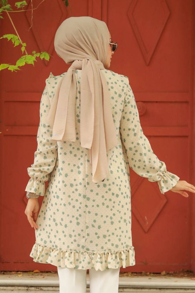 Neva Style - Desenli Çağla Yeşili Tesettür Tunik 30520CY - 2