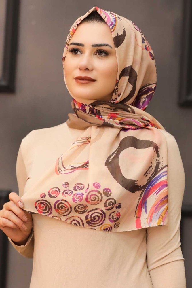Neva Style - Desenli Camel Şal 7564C - 1