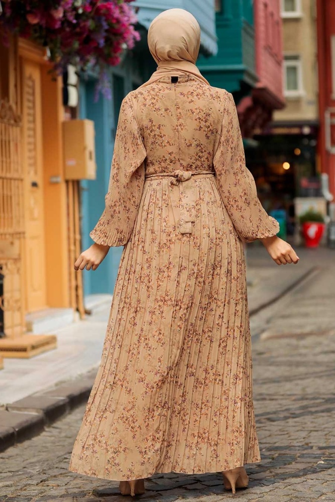  Desenli Camel Tesettür Elbise 27890C - 2