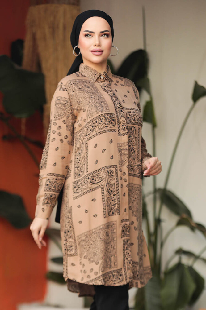  Desenli Camel Tesettür Tunik 25018C - 1