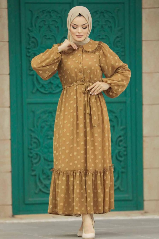 Neva Style - Desenli Çikolata Tesettür Elbise 13181CK - 2