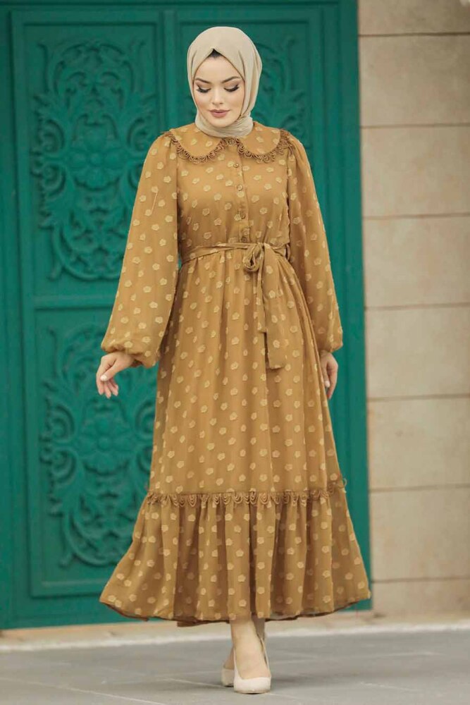 Neva Style - Desenli Çikolata Tesettür Elbise 13181CK - NEVA STYLE