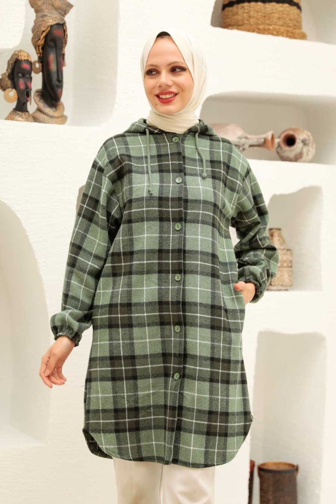 Neva Style - Desenli Düğmeli Çağla Yeşili Tesettür Kap 5675CY - 1