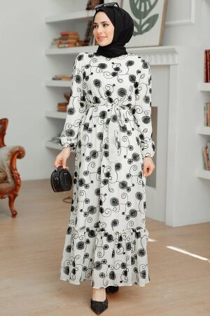 Neva Style - Desenli Ekru Tesettür Elbise 13311E - 2