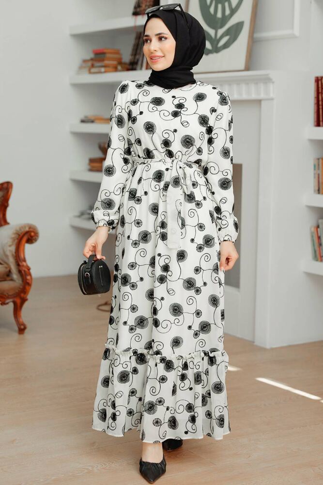 Neva Style - Desenli Ekru Tesettür Elbise 13311E - 2
