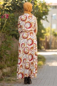 Neva Style - Desenli Ekru Tesettür Elbise 15491E - Thumbnail