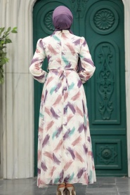 Neva Style - Desenli Ekru Tesettür Elbise 27930E - Thumbnail