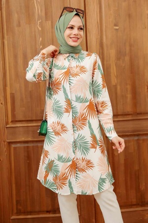 Neva Style - Desenli Ekru Tesettür Tunik 11560E - 1