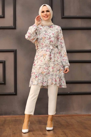 Neva Style - Desenli Ekru Tesettür Tunik 5628E - 1