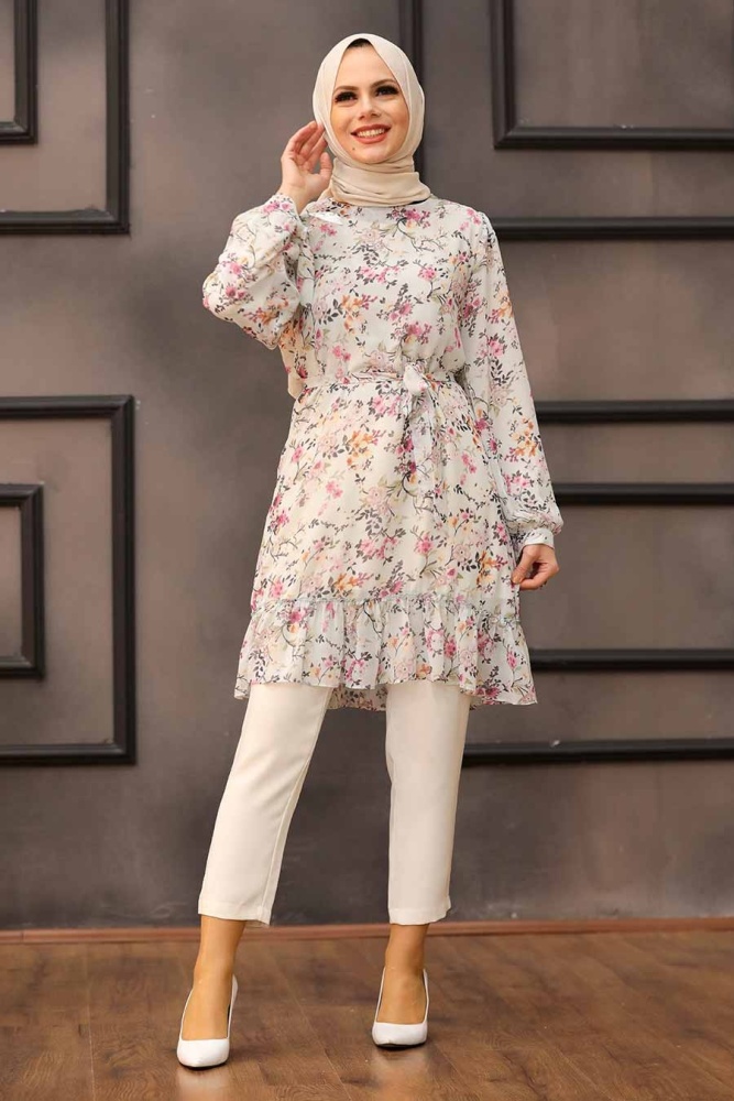 Neva Style - Desenli Ekru Tesettür Tunik 5628E - 1