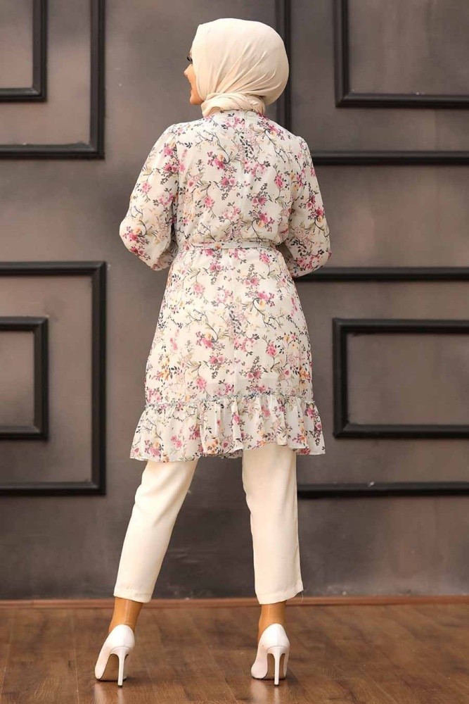 Neva Style - Desenli Ekru Tesettür Tunik 5628E - 2