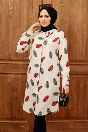  Neva Style - Desenli Ekru Tesettür Viskon Tunik 11558E - 1