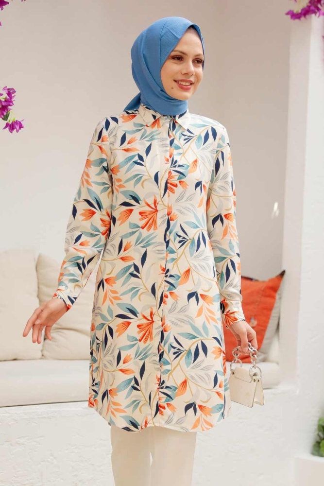 Neva Style - Ecru Hijab Tunic 11559E - NEVA STYLE
