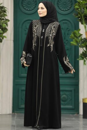 Neva Style - Desenli Fermuarlı Tesettür Abaya 41565DSN - Thumbnail