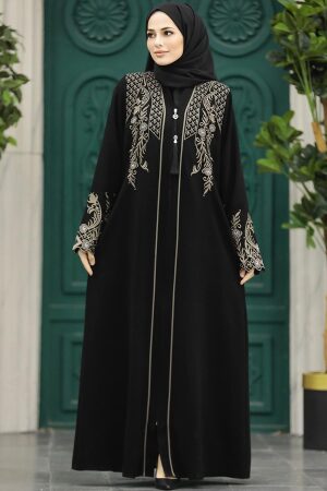 Neva Style - Desenli Fermuarlı Tesettür Abaya 41565DSN - Thumbnail