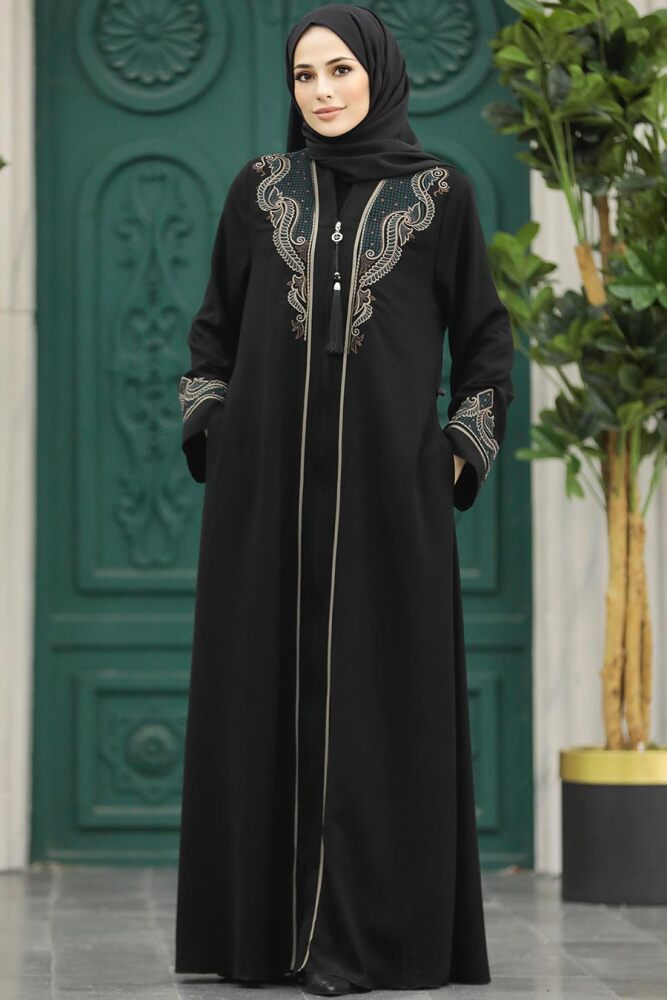 Neva Style - Desenli Fermuarlı Tesettür Abaya 41565DSN2 - 3