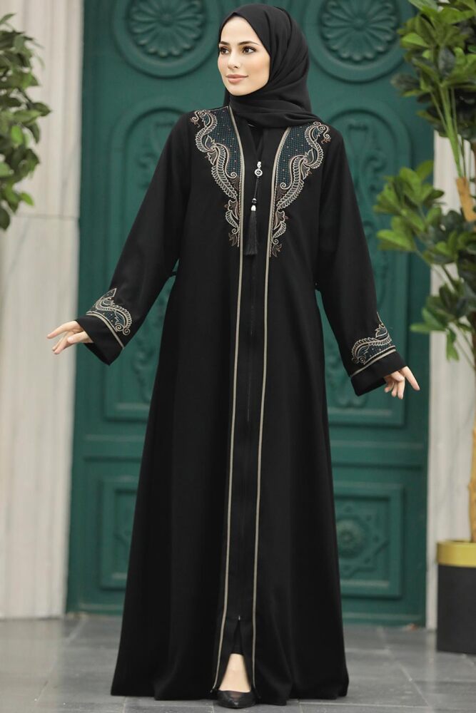 Neva Style - Desenli Fermuarlı Tesettür Abaya 41565DSN2 - 1