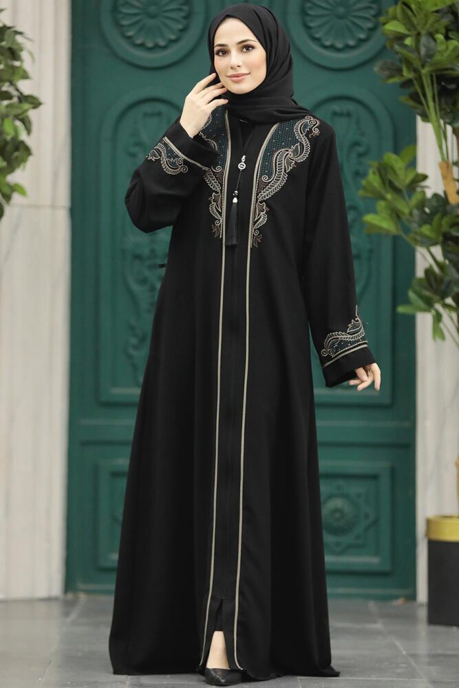 Neva Style - Desenli Fermuarlı Tesettür Abaya 41565DSN2 - 4