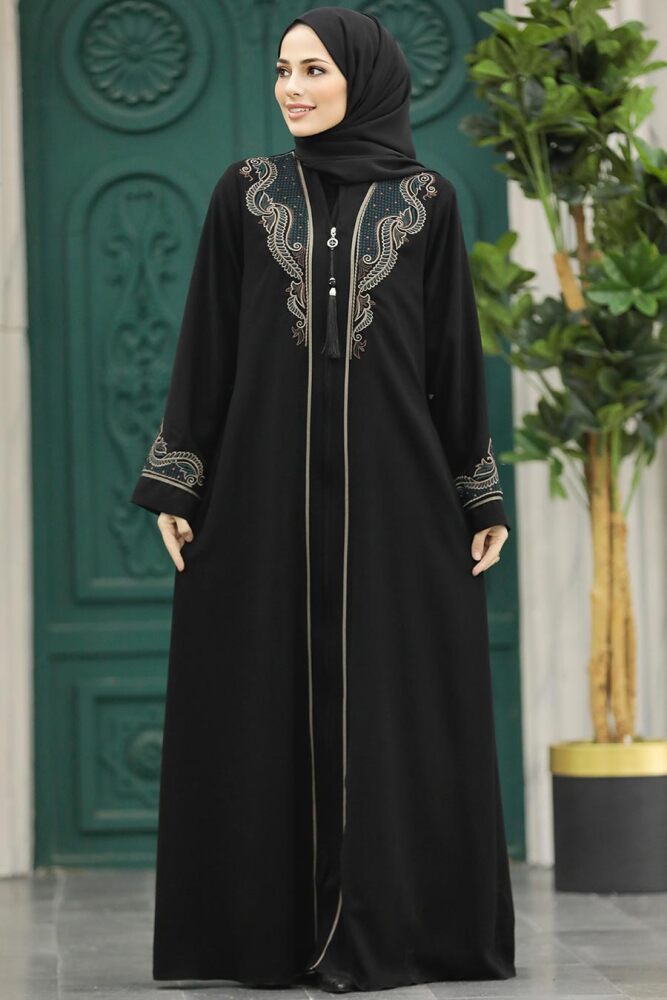 Neva Style - Desenli Fermuarlı Tesettür Abaya 41565DSN2 - 5